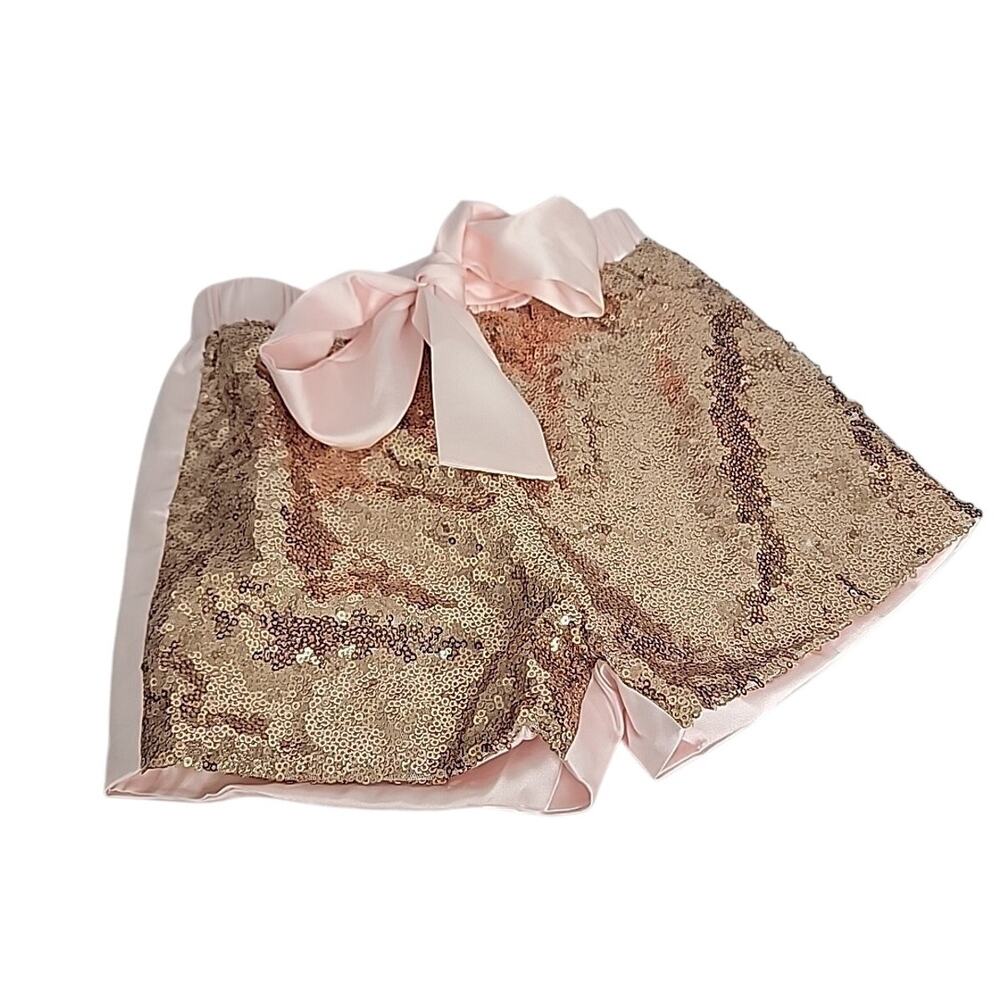 Think Pink Bows Girls 3 Gold Sequin Shorts Pink Bow Dance Recital Pageant